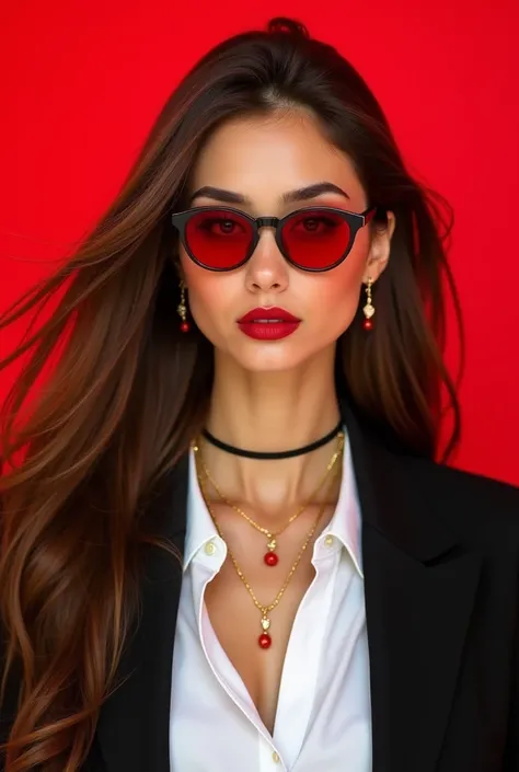 The image features a striking young woman exuding an air of confidence and allure. She has long, flowing brown hair that cascades gracefully around her shoulders. Her eyes are hidden behind stylish round red sunglasses, adding a touch of mystery to her app...