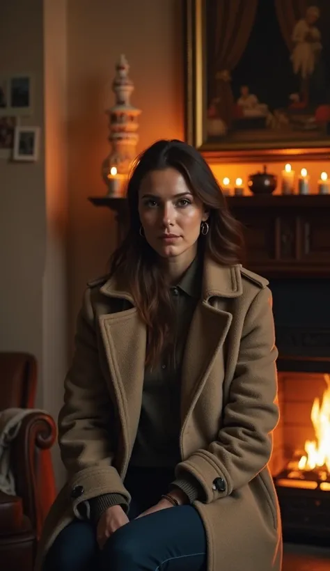 A 37-year-old woman sitting by a fireplace in a cozy living room, wearing a long coat.