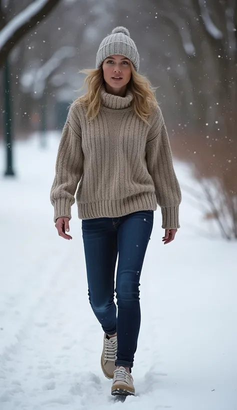 A 38-year-old woman walking through a snow-covered park, dressed in a knitted sweater.