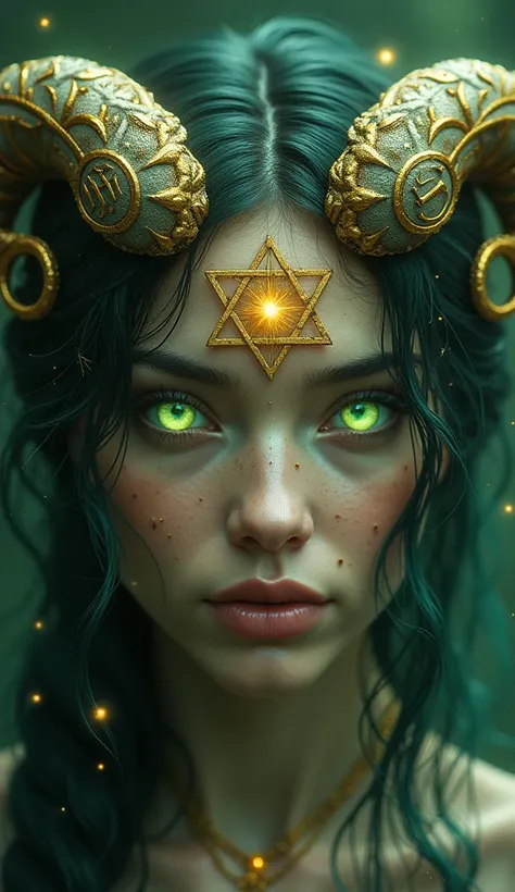 Mystical portrait of a Taurus woman, her glowing green eyes exuding intense power, strong golden Taurus symbols illuminating her features, and a magical bull constellation shining boldly in the background.
