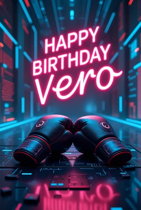 Make me a cybersecurity-themed poster that says Happy Birthday Vero and that I have some boxing gloves 