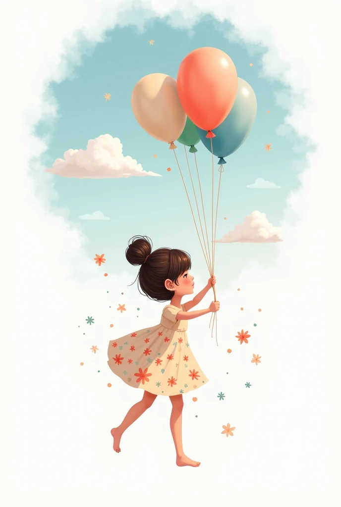  illustration in the cartoon style and simplistic,. A flying one holding balloons . She wears a bun hairstyle , dark brown hair.  flowery dress,barefoot.  A delicate and relaxed art .  Colors in bright and cheerful pastel tones .  in the background has blu...