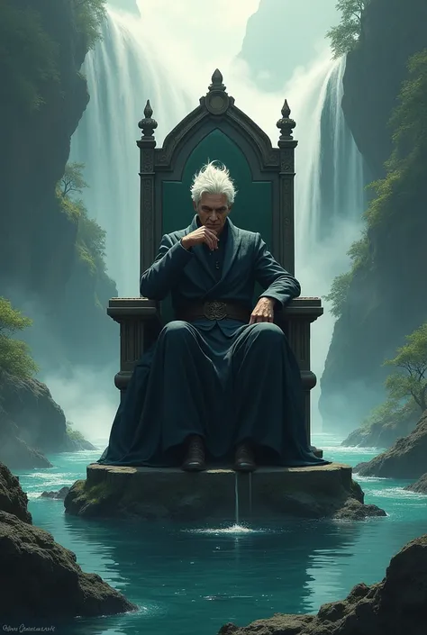 A man with soft dark hair and a white tuft is sitting on a throne above the water with a mountain behind which water flows. I put his fist under his palate while looking very smug