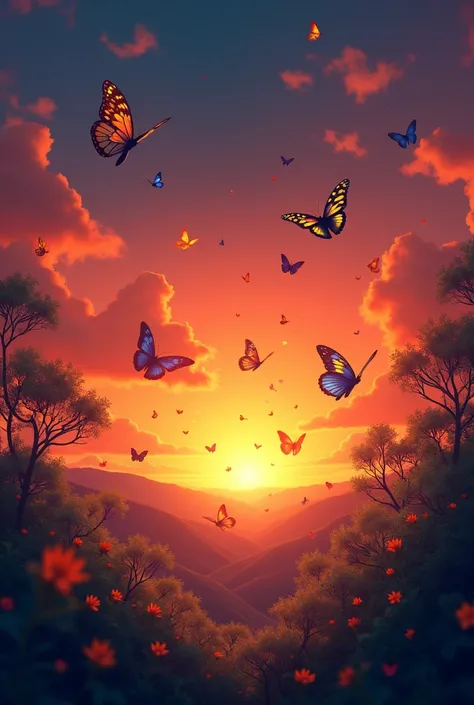 The sun is setting behind yellow butterflies and blue butterflies, the sky is colored red-orange.