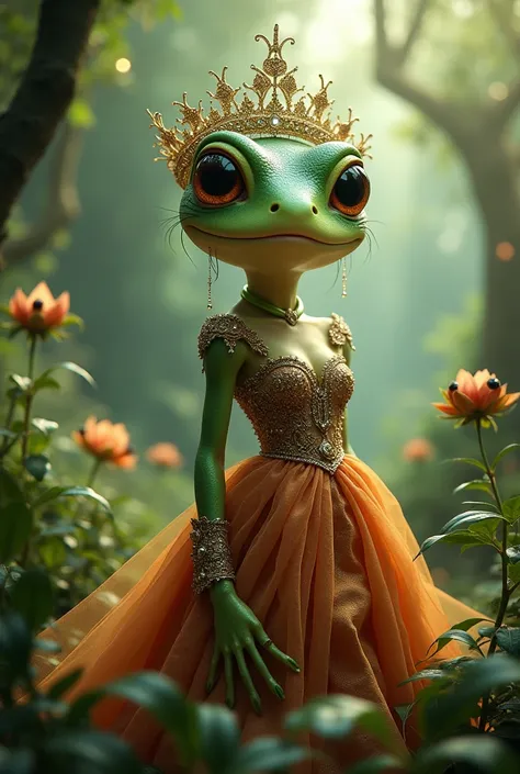 Cute lady frog in dress and crown dressed in gown in cinematic environment