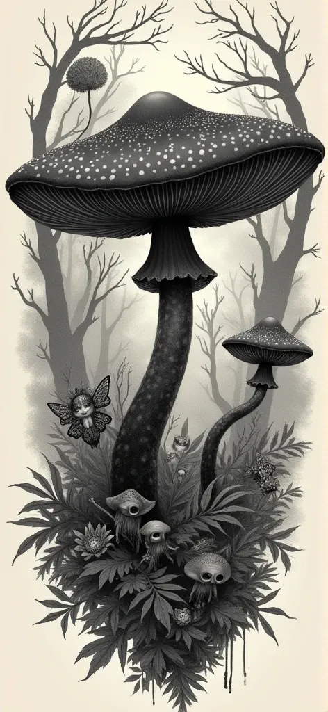 Black mushroom tattoo with magical beings in the forest with trees and fern dotted style 