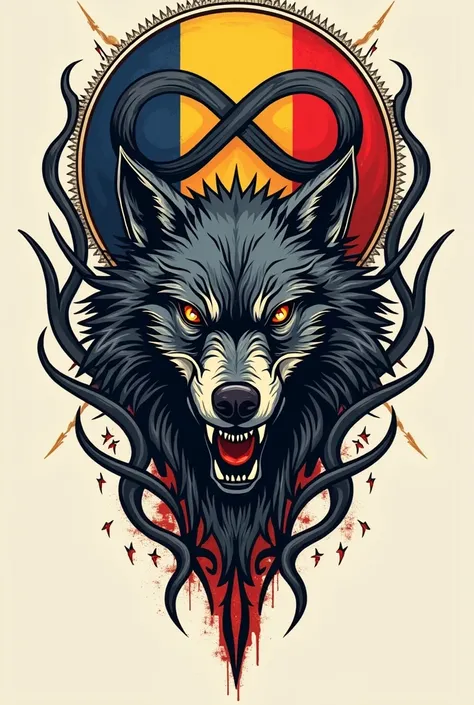 Tattoo with the wolf Symbol of the Dacians,  infinity sign ,  the tricolor of Romania 