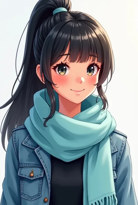 animated woman smiling , black hair with ponytail and bangs ,  around her neck wearing a unicolored light blue scarf,  black t-shirt and denim jacket 