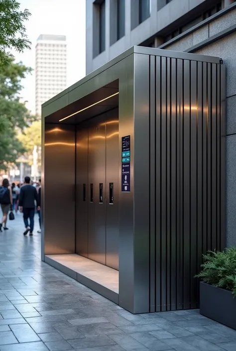 CREATE A REALISTIC, SHARP, WELL-DETAILED IMAGE OF A PUBLIC RESTROOM ON THE FLOOR, WITH BLACK STRIPES, LOCATED ON THE PEDESTRIAN SIDEWALK. MODERN DESIGN IN STAINLESS STEEL.

PUT A DIGITAL SCREEN EMBEDDED IN THE CHASSIS, WHICH SHOWS DATA: IF IT IS OCCUPYED I...