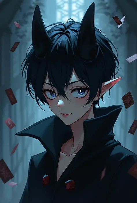 Anime, boy, jet black hair with white highlights, magician outfit, pitch black eyes with white pupils, black demon horns, sharp teath, tarot cards ffloting around him, mole on bottom left cheek, no noes, pointy ears, on dimly lit stage, up close, short hai...