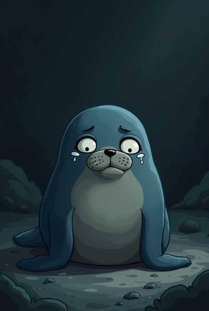 Believe me an image of a very sad cartoon seal on a dark background