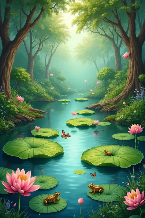  Landscape painting with ponds with lotus flowers, frogs butterflies , 