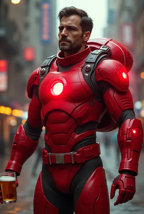 Create an image of a happy 40-year-old superhero from the future with hair in a red suit that covers his entire body, who is drunk and has a red core.,, that he is brown and he is drunk, and also put a red plasma cannon on his right arm that radiates red e...