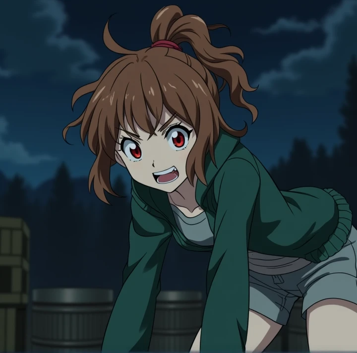  Boku No Hero anime screenshot,  a young lady with curly and disheveled brown hair ,  tied in a single tail above her head ,  with thin ruby red eyes and sharp pupils , white skin,  with a crazy and crazy expression ,  in an erratic and disturbing way , Ma...