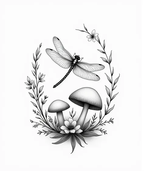 Fine line style black tattoo with mushrooms and fern-like plants with a dragonfly in the middle with small flower ornaments 