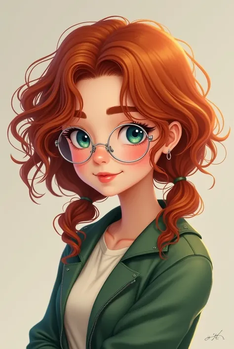 Can you create a picture of a girl with curly red/brown hair that is seperated into two low pigtails. They only reach her shoulders. Shes wearing round silver glasses has blueish green eyes. Shes wearing a green jacket. Thank you!