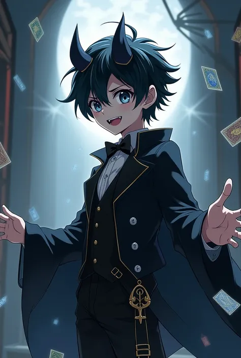 Anime, boy, jet black hair with white highlights, magician outfit, pitch black eyes with white pupils, black demon horns, sharp teath, tarot cards ffloting around him, mole on bottom left cheek, no noes, pointy ears, on well lit stage, side view, short hai...