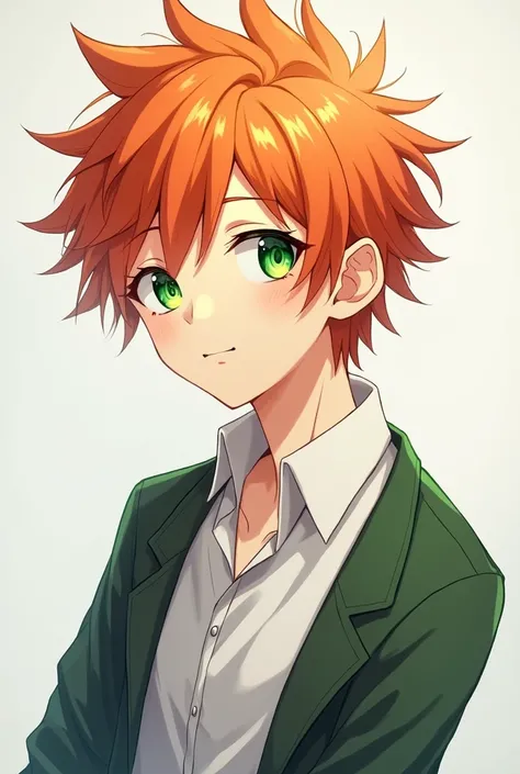  Create me a male character ,  with orange hair and emerald green eyes and light skin tone, anime model 