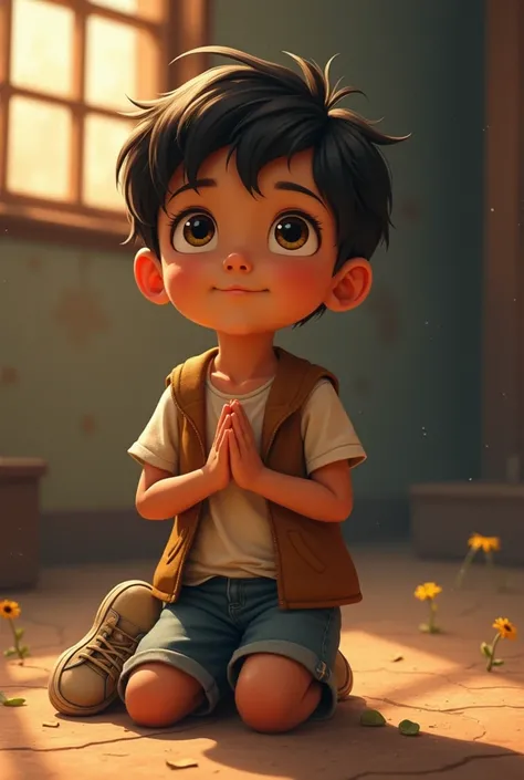  An  boy designed in the Disney-Pixy-style ,  with big eyes full of innocence and hope ,  despite their difficult situation .  Her hair is slightly disheveled ,  reflecting a touch of carelessness , but with a natural charm . He wears new clothes that were...