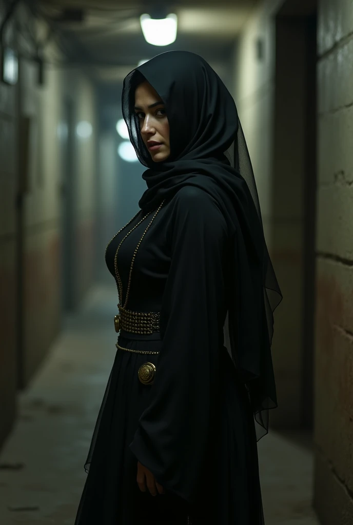 Veiled Maghreb woman in a hijab in a tight djellaba with big thighs and big breasts in a city cellar , Who is feet with shapes, Beautiful face who is in profile 