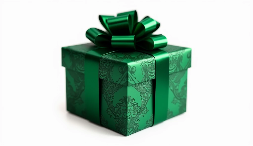 A luxurious emerald green gift box with an intricate damask pattern elegantly embossed on its surface. The box is perfectly square and is wrapped with a rich, glossy green ribbon that forms an exquisite bow on top. The design exudes elegance and a festive ...