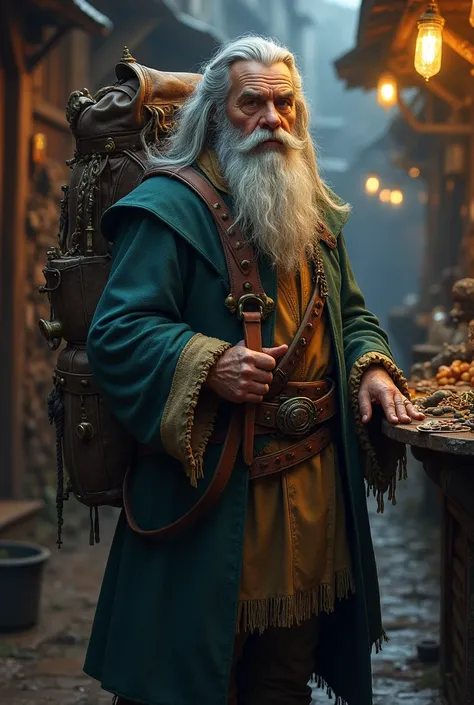  I want a fantasy character named Doran  " The Antiques Merchant ". He is in an illegal market with dark streets ,  in a small stall where he sells old items.
Role:  Seller of ancient objects and magic relics
Description :  Doran is a middle-aged man , of ...