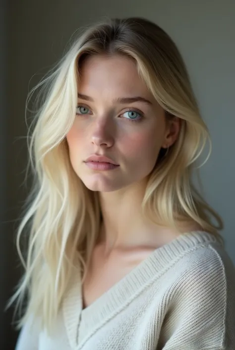 An attractive 18-year-old woman with blond hair and light blue eyes , serene and expressive,  with a soft, natural glow  . oval face,  with slightly defined cheekbones and delicate chin captured in a moment of quiet trust.  Extremely snow-white skin ,  wit...