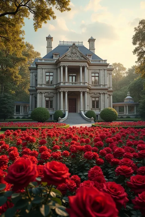 magnificent mansion with a large rose garden, afternoon nuance, detailed, realistic, red roses