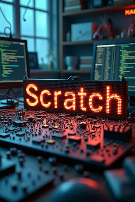 Écrit le nom "Scratch " avec les composants électroniques et dans un environnement de programmeur et en arrière plan un petite pancarte stylé sur laquelle est mentionnée Hacker scratch. 