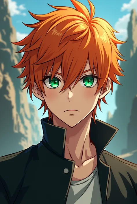  Create me a male adult character ,  with orange hair and emerald green eyes and light skin tone, anime model 