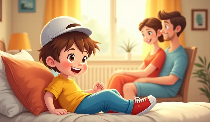 Create a vibrant and lively illustration of a young boy with short brown hair.   She has bright, expressive eyes and a big, happy smile. Boy wears bright yellow t-shirt and blue pants and red shoes, he wears white cricket cap talking with mom and dad sitti...