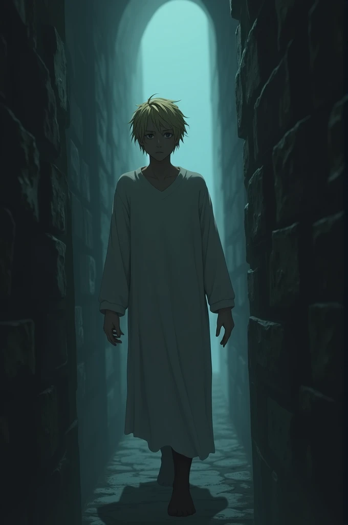 scenario:  Long dark corridor ,  damp stone walls , uneven floor .
 *  character: protagonist, BLOND MAN WITH LONG WAVY HAIR YOUNG ADULT , long white sweater dress,  expression of fear and confusion .
 * action:  Walk slowly down the corridor ,  groping th...