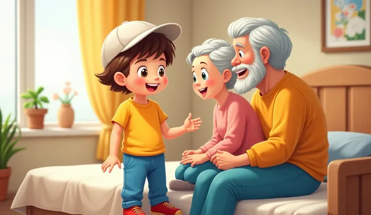 Create a vibrant and lively illustration of a young boy with short brown hair.   She has bright, expressive eyes and a big, happy smile. Boy wears bright yellow t-shirt and blue pants and red shoes, he wears white cricket cap talking with old mom and dad s...