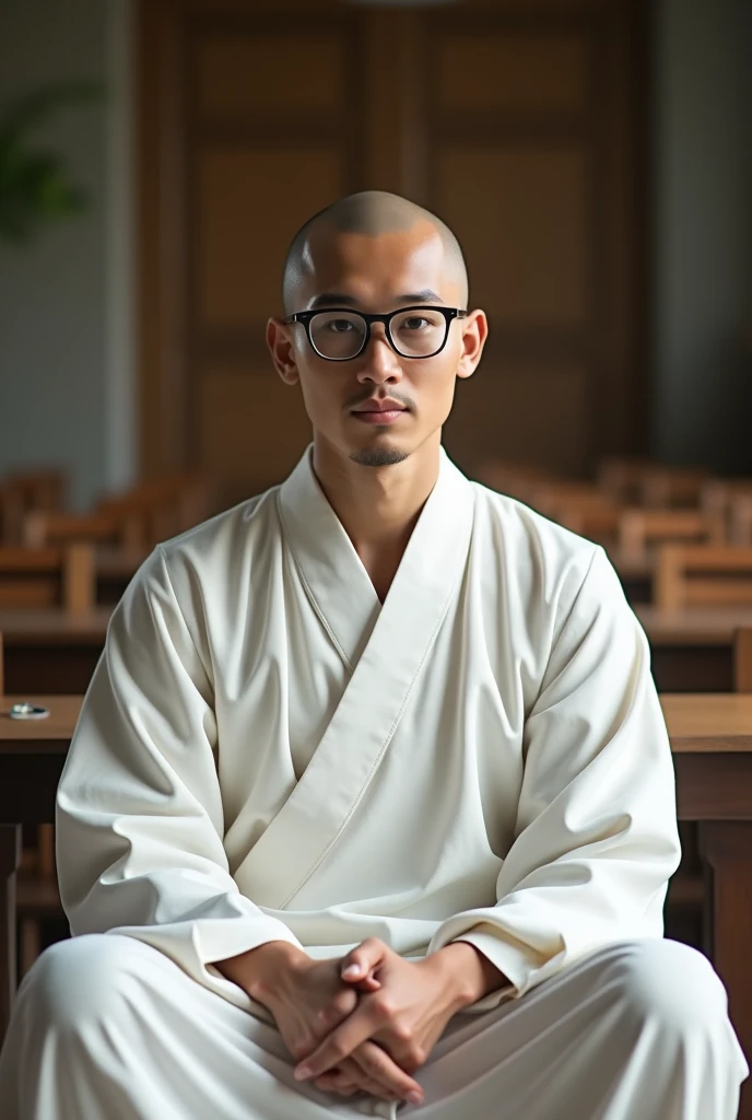 Bald Thai young man wearing glasses wearing white dress is sitting in teaching