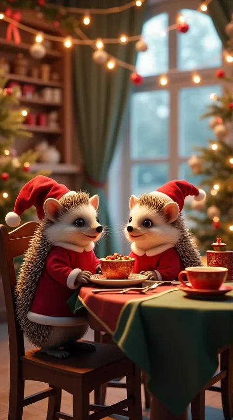 Christmas two baby hedgehogs are sitting at the Christmas Chair, Table decorated with dishes in a decorated house, wearing Santa suits and hats, twinkling lights. Cinematic, cinematic.