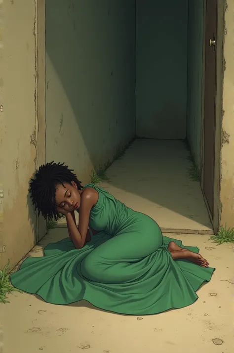 A thin African teenage girl in a green long gown and plaited hair laying asleep on the floor with a small button phone in his hand