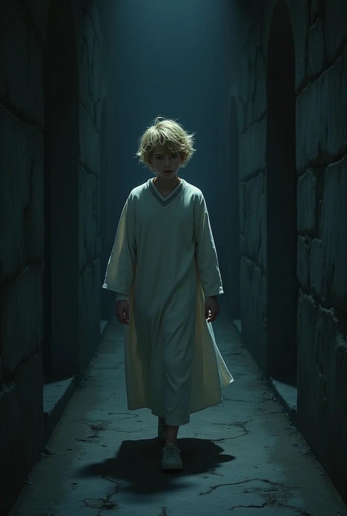 scenario:  Long dark corridor ,  damp stone walls , uneven floor .
 *  character: protagonist, BLOND MAN WITH LONG WAVY HAIR YOUNG ADULT , long white sweater dress,  expression of fear and confusion .
 * action:  Walk slowly down the corridor ,  groping th...