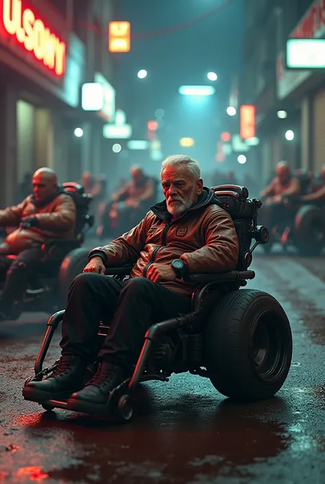 create an image with Artificial Intelligence of Dominic Toretto in his 80s doing illegal wheelchair races with nitro tanks