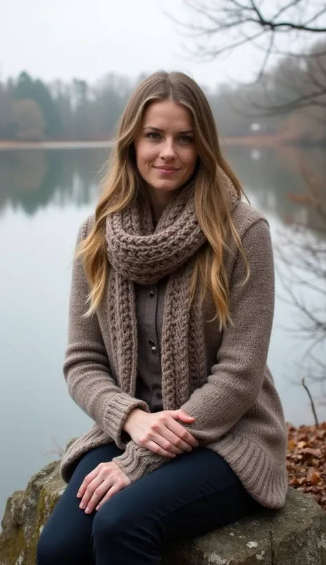 A 36-year-old woman sitting by a lake, dressed in a knitted cardigan and scarf.