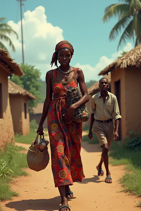 A Gambian woman is carrying her belongings and hurriedly leaving her husbands compound.  The husband is behind her desperately pleading for her to stay