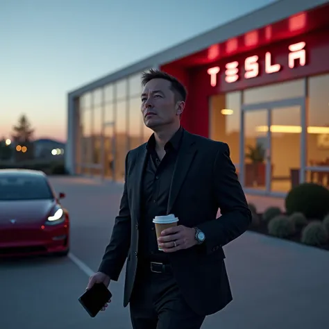 Create a hyper-realistic image of Elon Musk leaving Teslas headquarters after a long day of work. The setting is at dusk, with the soft glow of the evening sky reflecting off the sleek Tesla buildings glass facade. Elon Musk is dressed in a dark suit with ...