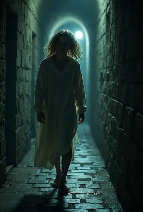 scenario:  Long dark corridor ,  damp stone walls , uneven floor .
 *  character: protagonist, LONG HAIRED BLOND MAN , curly, young adult ,  long white flannel sweater dress,  expression of fear and confusion .
 * action:  Walk slowly down the corridor ,  ...