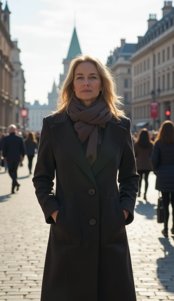 A 38-year-old woman standing in a bustling city square, dressed in a long coat.