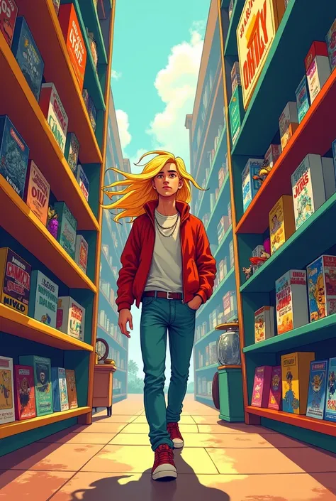 an 18-year-old guy with very long blond hair walks between shelves in a comic book-style store 