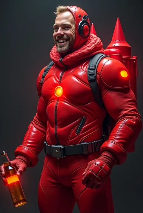  Create an image of a super hero from the future of 40 years , that he is smiling happily  , in a red suit that covers his whole body that he is drunk , That he has a red core ,that is dark,Also put a red plasma cannon on his right arm, that he has a beer ...