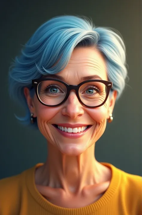 A woman of 60 years of age. Blue short hair , glasses on , smiling