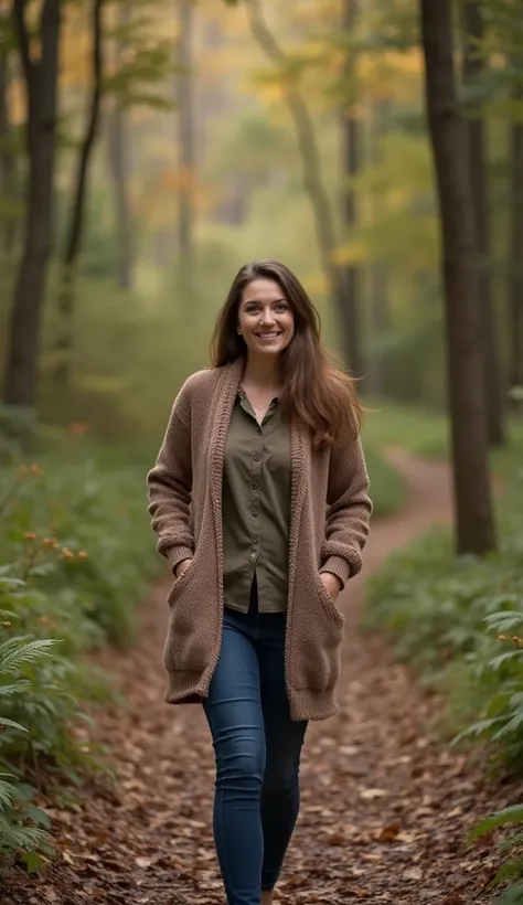 A 37-year-old woman walking through a forest trail, wearing a warm cardigan.