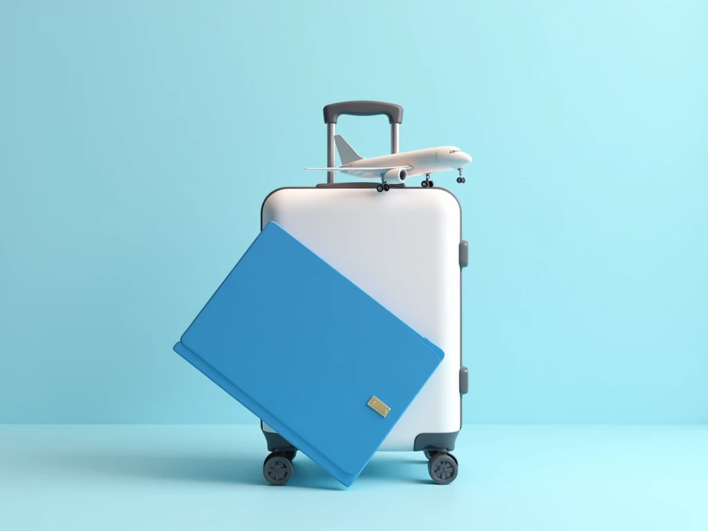 Travel essentials, oversized blue passport, white luggage suitcase, miniature airplane model, light blue background, minimalist composition, travel concept, vacation planning, international journey, clean aesthetic, travel documents, passport and luggage, ...