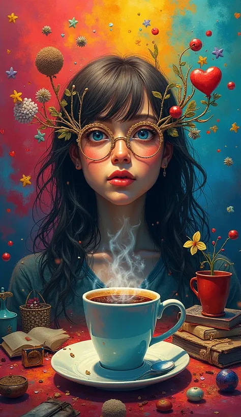 A kaleidoscope of : a palette of colors, A cup of coffee,  and personal objects that symbolize individual preferences,  images all merging into a single portrait 