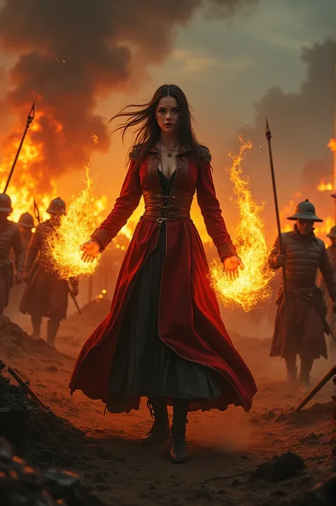 Billie Eilish with fire powers in a war in the year 1720